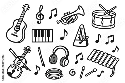 Hand-drawn music instrument icon set. Doodle cartoon vector of guitar, violin, piano, drum. Music practice, lesson, and education concept with notes, clef and metronome.