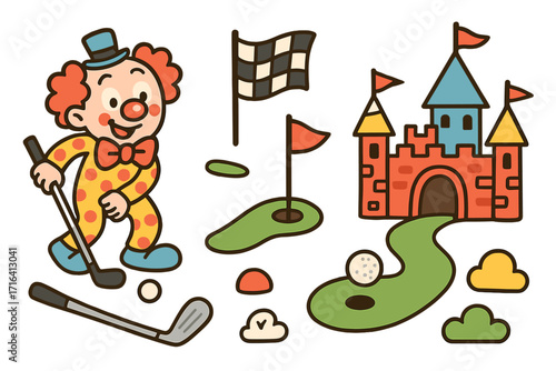 Mini golf doodle set with clown and castle. Vector cartoon icon collection for fun pastime game. Miniature golf course elements, playful clip art illustration for kids.