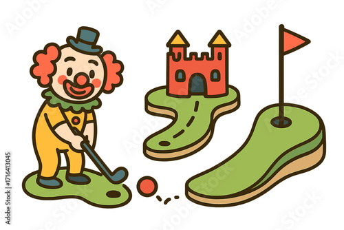 Mini golf clown character playing game. Miniature golf course elements with castle obstacle and hole flag. Fun family activity, leisure pastime vector icon set. Cute cartoon.