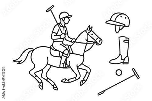 Polo sport equipment outline icon set. Polo player on horse with mallet, ball, helmet, boot. Equestrian sport concept. Line art vector illustration for logo design.