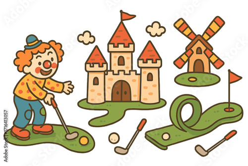 Mini golf vector illustration set. Playful cartoon doodle of a clown playing minigolf. Fun pastime with castle and windmill obstacles. Isolated activity and leisure game elements.