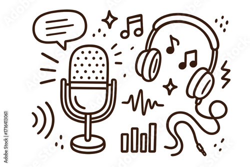 Podcast doodle set with microphone, headphones, and audio symbols. Hand-drawn vector icons for broadcasting, streaming, and radio shows. Music and sound recording elements.