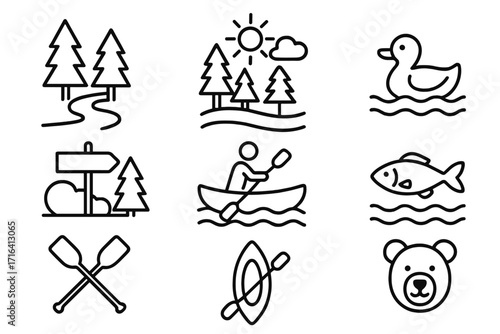 Riverside adventure outline icons. Nature, canoeing, and wildlife vector cartoon illustration set. Elements for hiking, camping, and fishing with bear, duck, fish, kayak.
