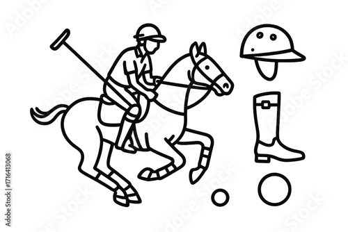 Polo sport vector outline icon set with player on horse, mallet, helmet, and boot. Equestrian game action illustration. Horseman jockey and equipment elements design.