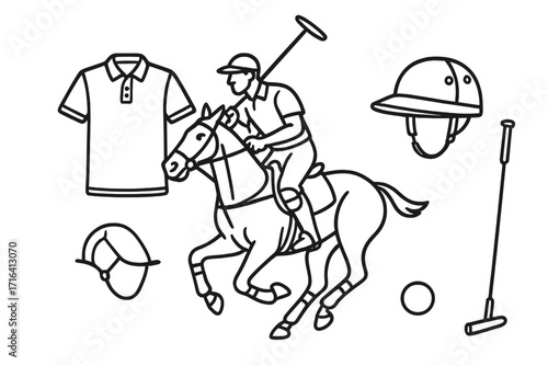 Polo sport icon set with player on horse and equipment. Vector outline illustration of equestrian game elements. Linear symbols of mallet, ball, helmet, and shirt for design.