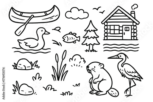 Hand drawn riverside doodle set. Outdoor nature adventure collection with canoe, log cabin, beaver, heron, and duck. Cute cartoon vector line art icons for camping.
