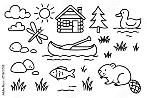 Hand drawn riverside doodle set. Outdoor nature adventure icons. Log cabin, canoe, beaver, duck, fish wildlife elements. Camping, hiking, lake life vector illustration.