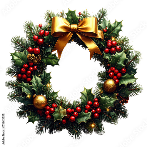 Elegant Christmas Wreath Decorated with Holly Leaves and Berries