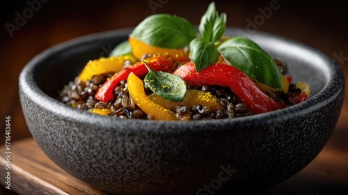 A vibrant bowl of black rice topped with colorful peppers and fresh basil, presented in a textured black bowl on a wooden surface.