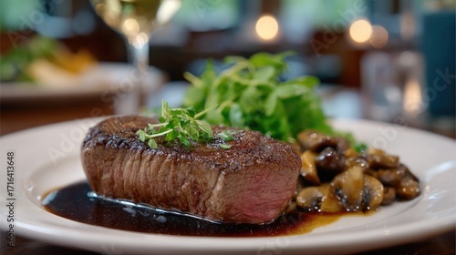 A beautifully plated steak served with greens and mushrooms, set in a cozy dining atmosphere.