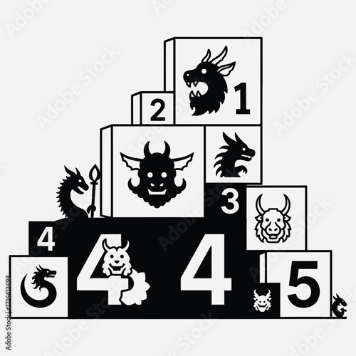 Monochromatic vector composition of numbered blocks showing a hierarchy of fantasy monsters and dragons for game levels