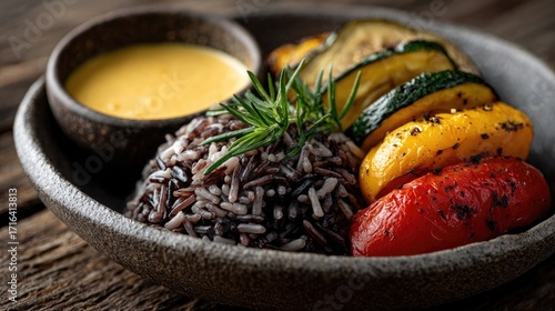 A beautifully arranged plate featuring black rice, grilled colorful vegetables, and a creamy sauce, highlighting a vibrant and healthy meal.