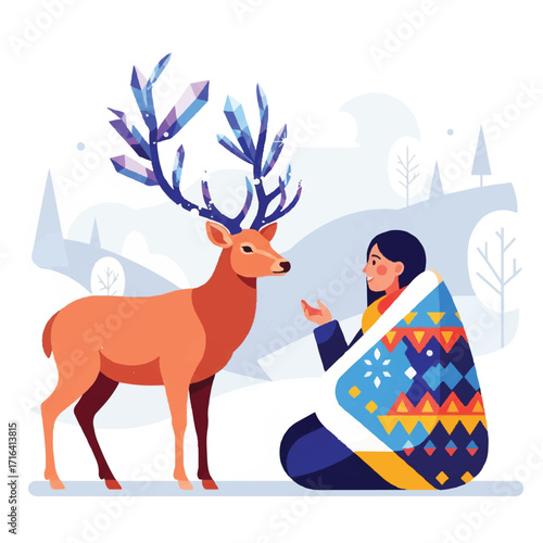 A woman kneels and interacts with a deer possessing crystal antlers in a snowy landscape.