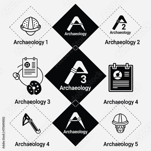 Archaeology icons and symbols representing historical research and artifact discovery