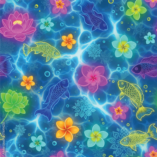 A vibrant, colorful pattern featuring stylized fish swimming amongst lotus flowers and other blossoms in a watery, shimmering blue background.