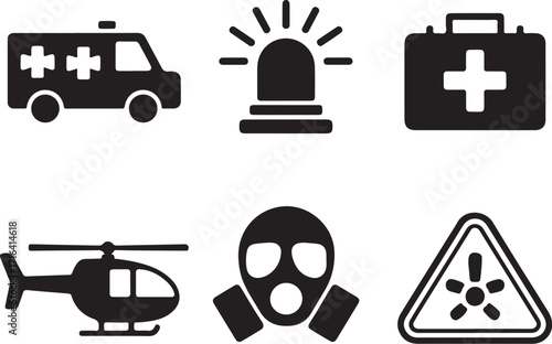Emergency response icons ambulance helicopter gas mask kit