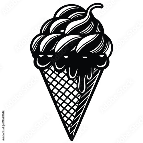 Deliciously illustrated ice cream cone with a swirl of toppings and vibrant colors perfect for summer treats and dessert themes