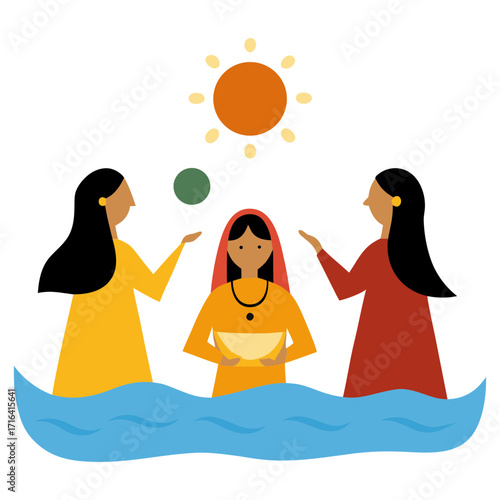 women worship the sun god and bathe in the river