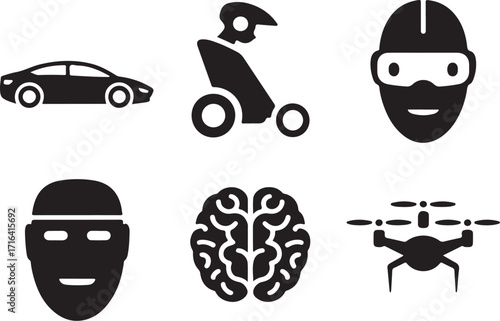 Future tech icons: AI, drone, car, human, rider
