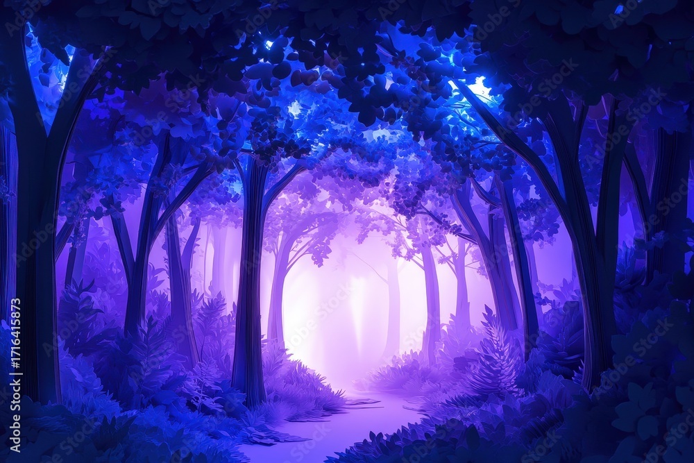 Fototapeta premium A vibrant, mystical forest path bathed in glowing, violet and blue light, creating a captivating and ethereal atmosphere.