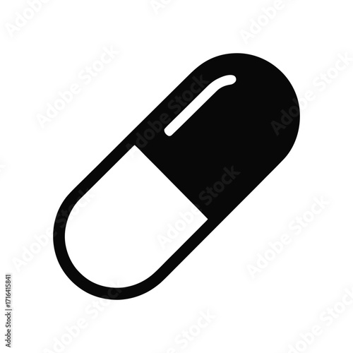 Simple black silhouette of a pharmaceutical capsule or pill for medicine and health concepts