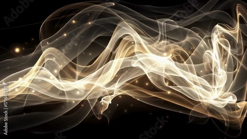 Flowing light waves in white, gold, and amber with glowing particles on black background animations