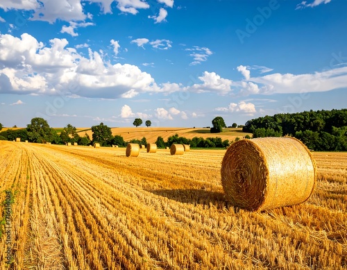 Golden hay bales in a vast field under a partly cloudy sky