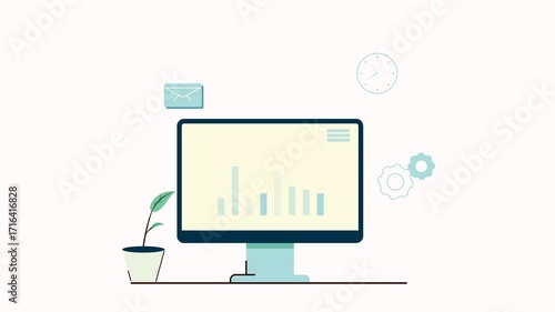 Computer Screen Monitor with Graphic Animation Loop Flat 2D Alpha Chanel 4K 