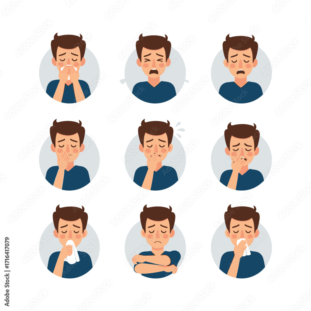 Fototapeta premium Man Expressing Flu Symptoms and Cold Virus with Cartoon Illustrations and Health Awareness for Preventative Measures and Spreading Knowledge about Common Illnesses and Wellbeing