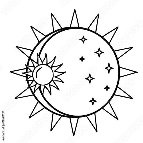 Artistic line art illustration of the sun and moon in a celestial arrangement