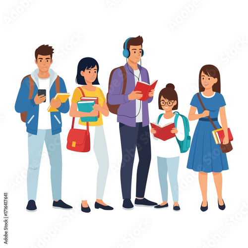 Diverse group of college students standing together studying and connecting representing education knowledge and friendship sharing learning experiences campus life and academic pursuit success