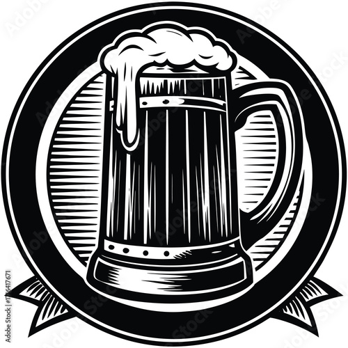 Stylized vector illustration of a classic beer mug filled with frothy beverage perfect for bar and pub themes
