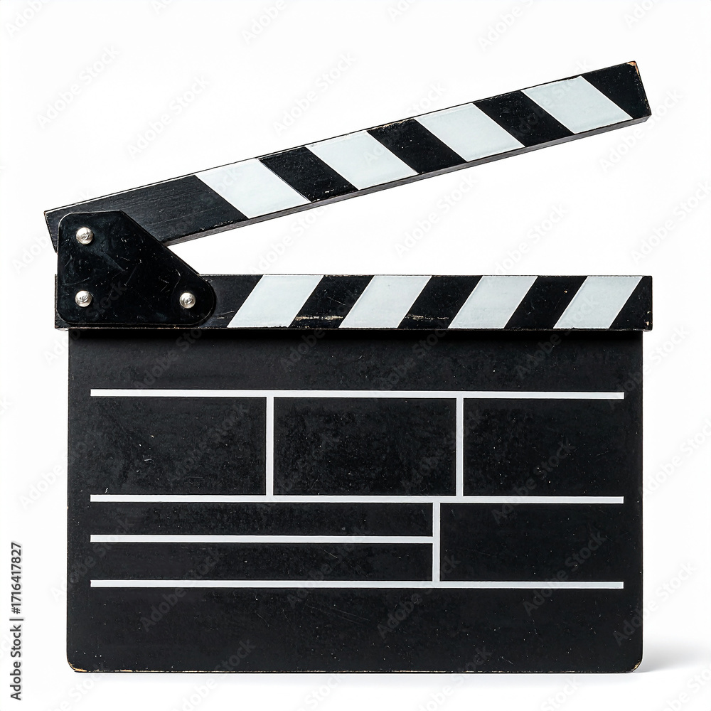 Fototapeta premium Open clapperboard with stripes isolated on white background, classic movie production equipment