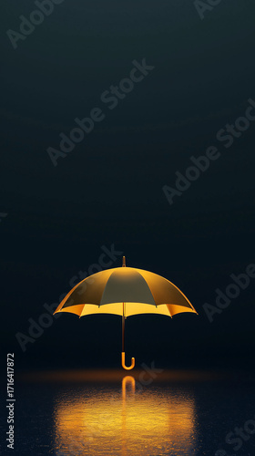 Wallpaper Mural A golden umbrella stands open on a dark, wet, reflective surface, glowing under dramatic light in a minimalist scene. Torontodigital.ca