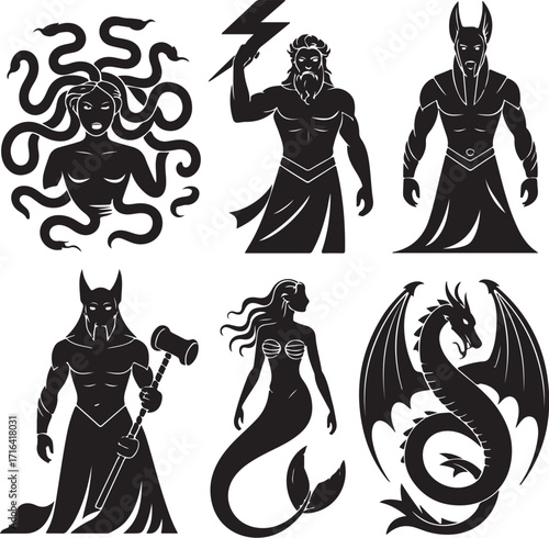 Mythic creatures and gods powerful ancient figures silhouette