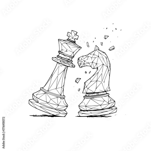 King and knight chess pieces in low poly style with shattered effect on white background artwork design