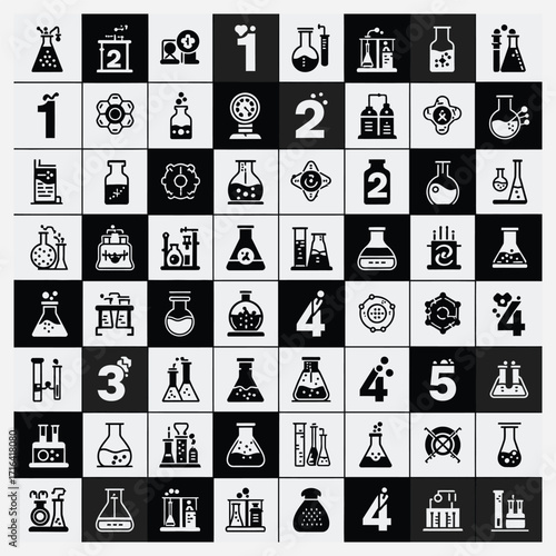 Black and White Grid of Laboratory Equipment Beakers, Flasks, and Science Icons