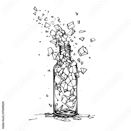Illustration of a shattered glass bottle with fragments exploding outwards in black and white drawing style