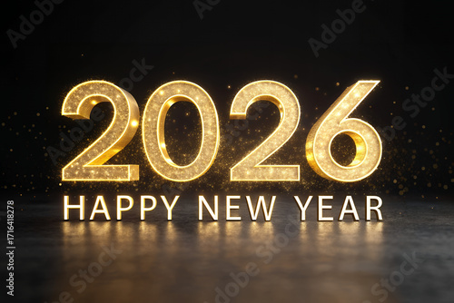 A Golden 2026: A radiant, gold-textured 2026 shines against a dark background, with the phrase Happy New Year beneath. A visual invitation to embrace the possibilities of the upcoming year.