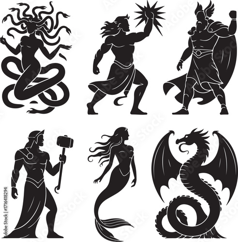 Mythic heroes and creatures silhouette collection