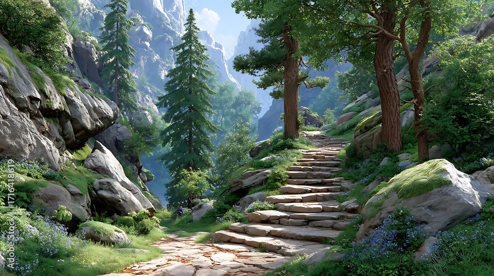 Obraz premium Stone pathway winding through a lush sunlit mountain landscape with rocky cliffs and evergreen trees