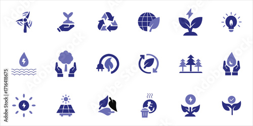 ecology icos set. ecology, environment, renewable energy, green energy, solar power and more. simple colored blue vector