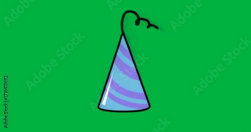 At 1-second striped party hat glitching intensifying before restoring form on transparent backdrop
