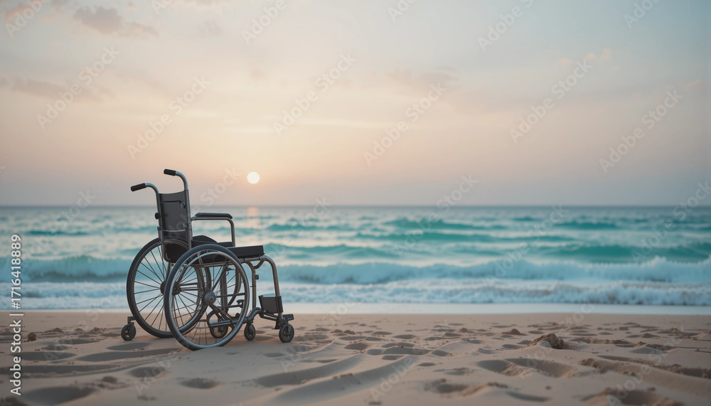 Obraz premium Wheelchair on the beach with ocean waves and sunset in serene atmosphere 