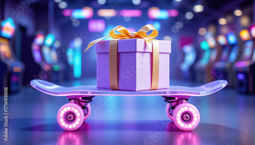 Vibrant lavender gift box with elegant gold ribbon on pink transparent skateboard with glowing wheels representing playful arcade prize against a darkly lit, blurred game machine background.
