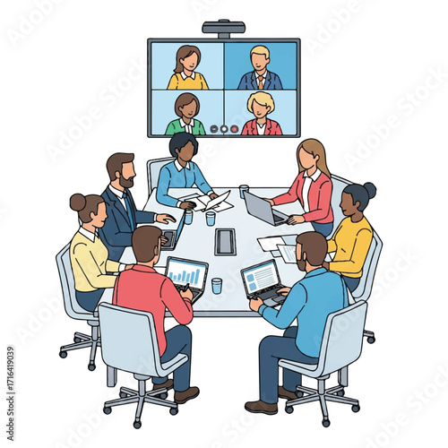 Illustration of a diverse team in a virtual meeting around a conference table with laptops and a screen displaying remote colleagues.