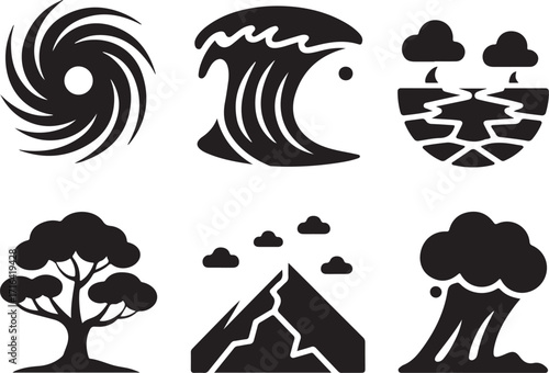 Natural disaster icons: storm, wave, drought, tree, mountain, eruption