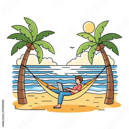 A man relaxes in a yellow hammock between two palm trees on a sandy beach while working on his laptop under sunny skies.