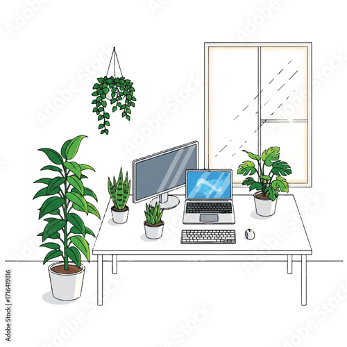 Illustration of a modern office desk with computers and various potted plants on and around it, near a window with a hanging plant, conveying a calm and productive atmosphere.