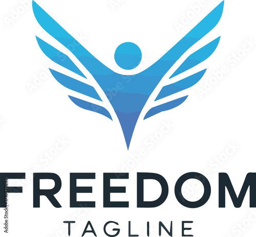 Vector art of freedom logo design featuring a stylized human figure with wings on light blue